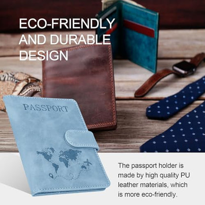 Passport Holders, RFID Blocking Credit Card Holder, PU Leather Vaccine Card Holders for Travel with Magnetic Buckle, Travel Must Haves Cruise Ship Essentials for Men, Women (Blue) - color: Blue