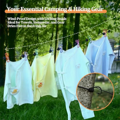 Travel Clothesline Retractable Portable Clothesline with 12 Clips Portable Elastic Camping Clothes Line with Anti-Slip Beads & Stainless Hooks for Hotel, RV, Boat, Outdoor Use (1 Pack) - size: 1 Pack
