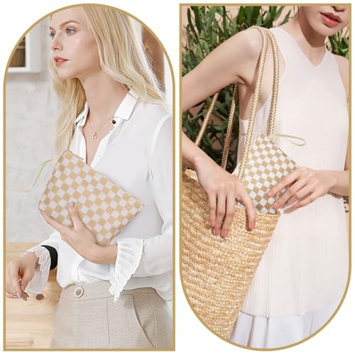 Ethereal Small Makeup Bag, Checked Travel Makeup Bag with Makeup Brush Holder, Cosmetic Bag Black Make up Pouch for Women/Girls - color: 06-khaki mini