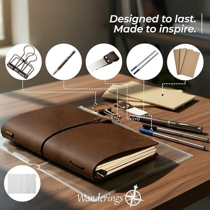 WANDERINGS Pocket Size Travelers Notebook Bundle – 4" x 5.1" (10 x 13cm) – Genuine Leather Journal with Pen Holder, Pen, 2 Ink Refills, PVC Folder & Binder Clip - size: Pocket