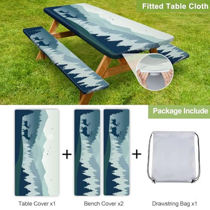 Picnic Table Cover with Bench Covers 6FT 3 Pcs Waterproof Windproof Aesthetic Camping Tablecloth with Drawstring Bag, Fitted for 6 Foot Rectangle Tables and Seats, 72 inch, Blue Deer Forest - color: Blue Deer Forest