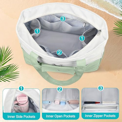 Beach Bags for Women Large Canvas Beach Tote with Zipper Wet Pocket, Waterproof Foldable Swim Pool Travel Tote Bags - color: Grass Green