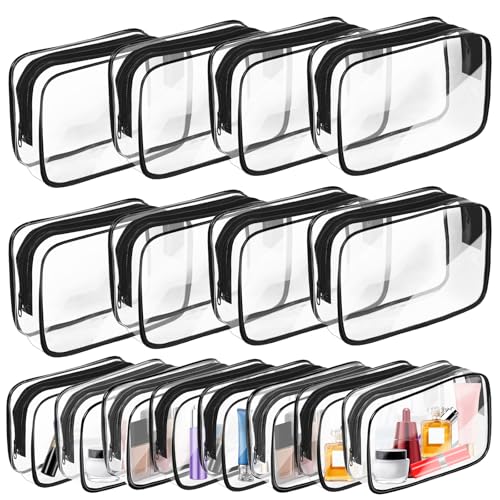 AURUZA Clear Makeup Bag,Portable Travel Toiletry Bags with Zipper, TSA Approved Clear Organizer Bags, PVC Cosmetic Pouch for Airport Airline Compliant - color: 16 Packs Black