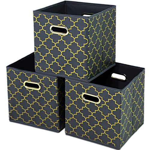 Fabric storage bins Cubes, Fabric Cube Organizer with Handle, Foldable Cube Bins for Cloth or Accessary Storage, 11x11x11, Set of 3, (Grey Gold) - color: Grey Gold, size: 3 Pack