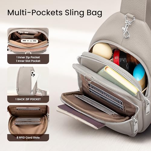 befen Genuine Leather Small Sling Bag for Women Anti-Theft Crossbody Chest Bags Multi-Pockets Fanny Pack with RFID Card Slots - color: Beige Grey
