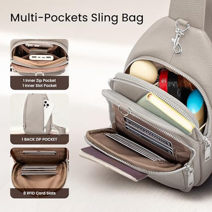 befen Genuine Leather Small Sling Bag for Women Anti-Theft Crossbody Chest Bags Multi-Pockets Fanny Pack with RFID Card Slots - color: Beige Grey