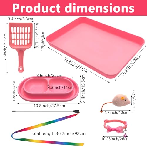 Kitten Starter Kit for Indoor Kittens, Pink Litter Box Access & Scoop, Dish Feeding Bowl, Adjustable Bell Collar, Mouse Toy - Low Entry Baby Cats Training Kits, New Kitten Essentials