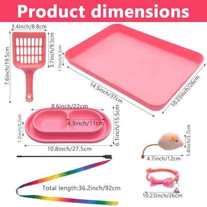 Kitten Starter Kit for Indoor Kittens, Pink Litter Box Access & Scoop, Dish Feeding Bowl, Adjustable Bell Collar, Mouse Toy - Low Entry Baby Cats Training Kits, New Kitten Essentials