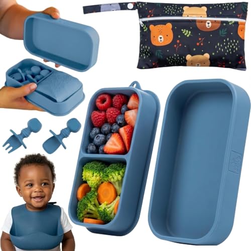 Baby Travel Essentials 6 Pc Silicone Feeding Set - Portable Toddler Plates with Suction, Baby Spoons & Foldable Bib in Carrying Case - BPA-Free Infant & Toddler Utensils for Airplanes & Eating Out - color: Dark Blue