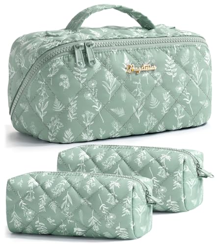 Travel Makeup Bag, 3 Pcs Large Capacity Puffy Toiletry Bag for Women, Open Flat Make up Cosmetic Organizer w/Handle & Clear Divider Water-resistant Portable Pouch Travel Essentials, M-Green Floral - color: Green Floral, size: medium