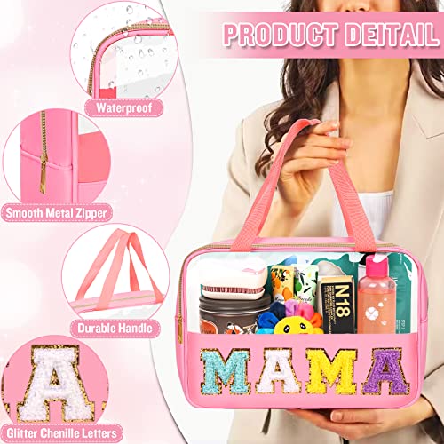 Chenille Letter Clear Makeup Bags Mama Tote, Preppy Patch Makeup Bag Zipper with Handle, Waterproof PVC & Nylon Portable Glitter Large Cosmetic Travel Toiletry Storage Bag for Women Girls(MAMA-Pink) - color: MAMA-Pink