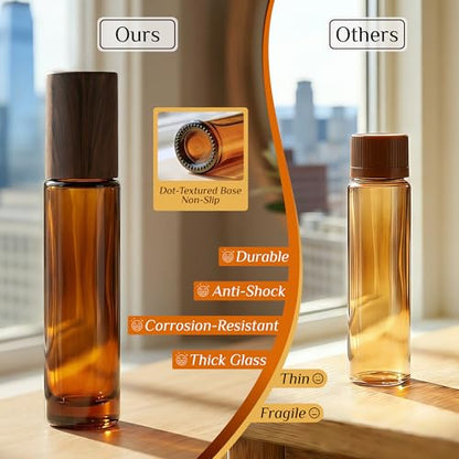 PrettyCare 24 Pack, 10 ml Essential Oil Roller Bottles with Stainless Steel Roller Ball - Refillable Leak-proof Empty Thick Amber Glass Roll on Bottles with Wooden Caps for Travel, Perfume - color: Amber with Wooden Cap, size: 24 Pack