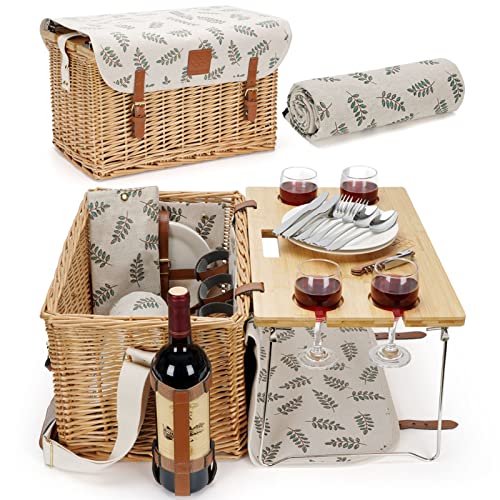 WILLOW WEAVE Picnic Basket with Table, Wine Picnic Basket Set 4, Wicker Picnic Basket for 4, Willow Hamper Service Gift Set with Blanket & Portable Wine Snack Table for Camping and Outdoor Party - size: L for 4P-Leaf