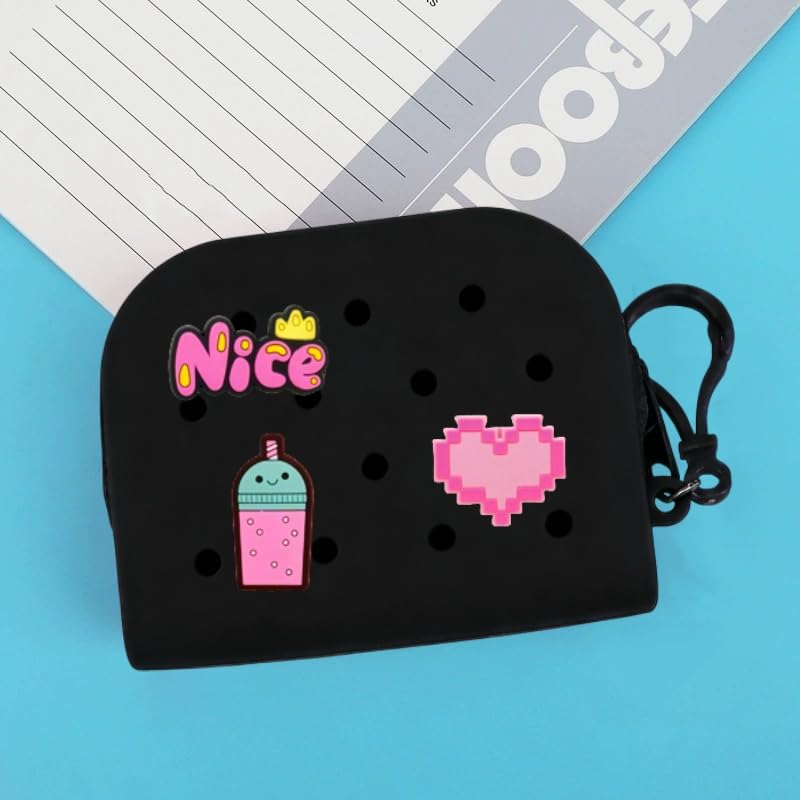 Soft Silicone Mini Coin Purse with Zipper and Cartoon Hole,with 15 pcs DIY Charms. Portable Keychain Pouch Organizer (Black) - color: Black