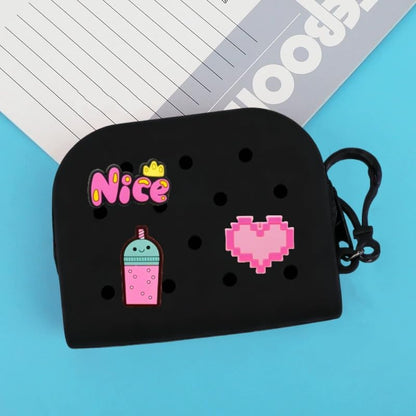 Soft Silicone Mini Coin Purse with Zipper and Cartoon Hole,with 15 pcs DIY Charms. Portable Keychain Pouch Organizer (Black) - color: Black