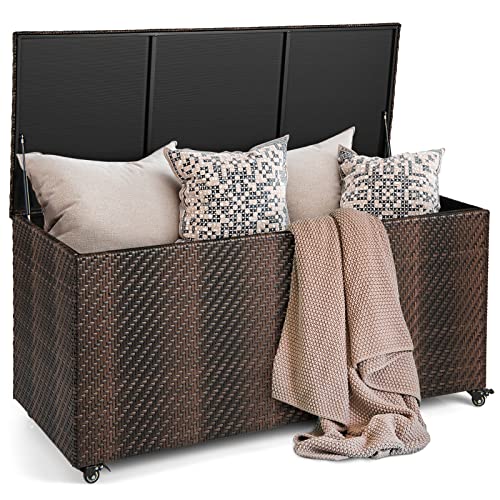 Giantex 96-Gallon Outdoor Storage Box - PE Wicker Deck Box with Lid, 4 Wheels, Waterproof Liner, outside Rattan Storage Container for Patio Cushions, Garden Tools Accessories Storage Box (Mix Brown) - color: Mix Brown, size: 96 Gallon