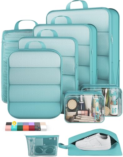 Veken 9/11 Set Compression Packing Cubes for Travel Essentials,Compressible Expandable Large Luggage Suitcase Organizer Bags for Clothing,Durable Space Saver Storage Bags(Blue Green) - color: Blue Green, size: 9 set