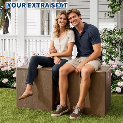 80 Gallon Resin Deck Box, Large Waterproof Outdoor Storage Box with Lockable Lid & UV Resistant, Storage Container for Patio Furniture Cushions, Garden, Backyard, and Poolside，Brown