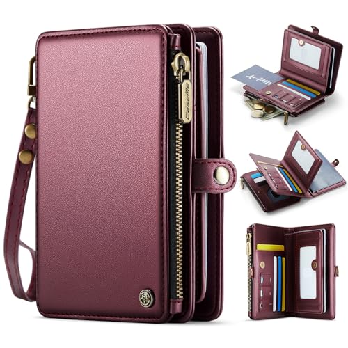 Passport Holder Wallet Bag with AirTag Holder, 11 Card Slots and Passport Solt Cash Solt Photo Solt Zipper Pocket, RFID Blocking Wristlet Strap.Wine - color: Wine