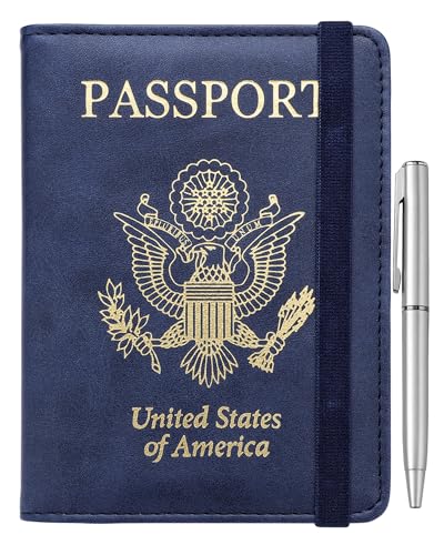 WALNEW Passport Holder for Travel, RFID Passport Cover Wallet for Women Men, PU Leather Passport Book Card Holder Case with Pen, Travelling Essentials for Flying - color: B-Navy Blue, style: Elastic Band Closure