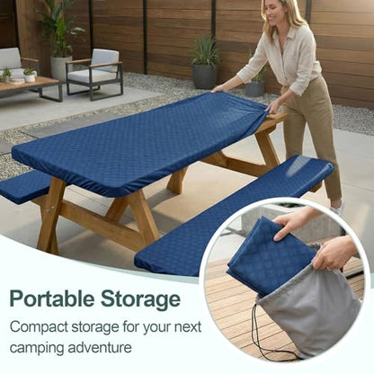 Picnic Table Cover with Bench Covers Camping Essentials Waterproof Windproof Camping Tablecloth with Drawstring Bag, Fitted Rectangle Tables and Seats, 96in, Deep Blue - color: Deep Blue, size: 96in