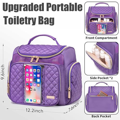 Large Toiletry Bag for Women Men,Bathroom Bag,Water Resistant Shower Bag,Makeup Bag,Toiletry Bags for Traveling,Hanging Toiletry Bag with Transparent Waterproof Phone Pocket (Purple) - color: Purple