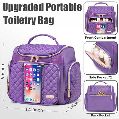 Large Toiletry Bag for Women Men,Bathroom Bag,Water Resistant Shower Bag,Makeup Bag,Toiletry Bags for Traveling,Hanging Toiletry Bag with Transparent Waterproof Phone Pocket (Purple) - color: Purple