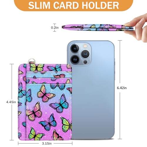 Yonlevres Credit Card Holder Slim Wallet, Butterfly RFID Wallet Women Front Pocket Small Card Holder, Travel Cute Funny Thin Card Case ID Window PU Leather RFID Blocking Card Organizer Gifts Girls - color: Butterfly