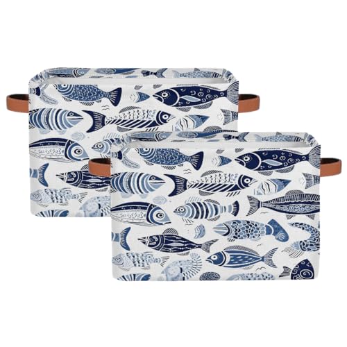 Ethnic Sea Fish Rectangular Storage Bin Collapsible Storage Basket Organizer Boxes with Leather Handle Storage Cube for Shelves Toy Laundry Nursery 2 PC - color: Ethnic Sea Fish, size: 2 Pcs