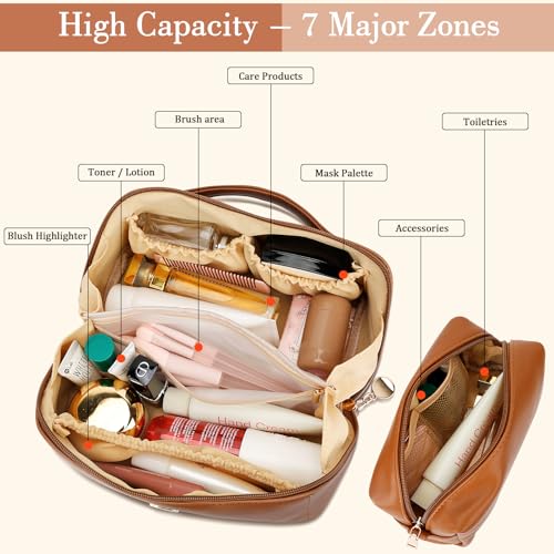 Birthday Gifts for Women Teen Girl, Personalized Initial Makeup Organizer Bag Set, Open Flat Travel Cosmetic Bag With Clear Divider and Handle(Brown,I) - color: Brown, style: I
