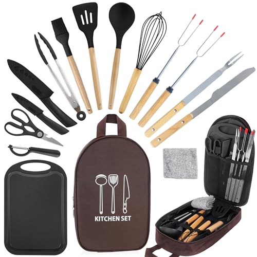 Camping Accessories Kitchen Cooking Utensils Set - Portable Outdoor Camp Cookware Set, Silicone Camper Essentials Gear Must Have Supplies for Travel RV BBQ Grill Picnic Hiking - color: 15PCS Black