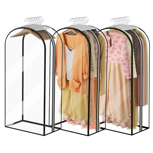 Garment Bags for Hanging Clothes 40” Long,Ultra Clear Suit Bags for Closet Storage, Moving Organization, Travel Covers with 10" Gussets for Coat, Dress, Shirt and Sweater - 3 PCS - color: Crystal Clear-3 Pack, size: 40 inch
