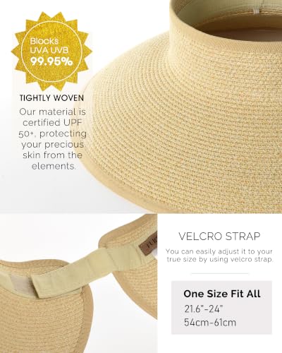 FURTALK Sun Hats for Women Wide Brim Beach Hat Straw Visor Ponytail Summer UV Packable Foldable Beach Vacation Essentials - color: Beige Khaki Mix