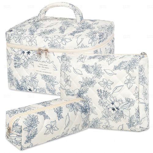 senbowe Floral Makeup Bag, 3 Pack Large Cotton Quilted Makeup Bag Set, Cute Floral Coquette Aesthetic Toiletry Bag Make Up Cosmetic Bag for Women, Toiletry Travel Make Up Organizer Bag - color: Dark Blue Flower