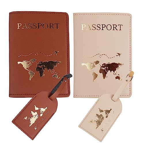 Passport Wallets Travel Holder Set,his and her passport holder and luggage tags,honeymoon essentials,newlywed travel gifts for Couples - color: Khaki
