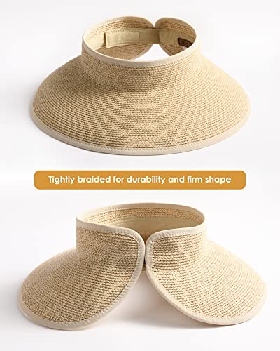 FURTALK Sun Hats for Women Wide Brim Beach Hat Straw Visor Ponytail Summer UV Packable Foldable Beach Vacation Essentials - color: 06-mix Beige