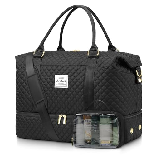 Womens Weekender Travel Overnight Bag: Carry On Bag with Shoe Compartment | Duffle Bags, Carry On Bag with Wet Pocket, Yoga Gym, Travel Bags with Toiletry Bag, Trips Hospital Bags Black - color: 1-Black, size: Large