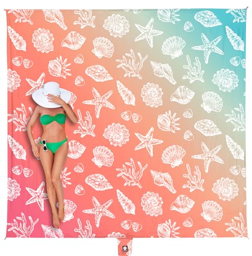 WEKAPO Beach Blanket Waterproof Sandproof Oversized, Extra Large Beach Mat Sand Free, Lightweight & Compact Sand Free Mat with 5 Stakes & 4 Corner Pockets - color: Gradient-coral Sea Shells, size: 8 x 7 FT (1～4 person)