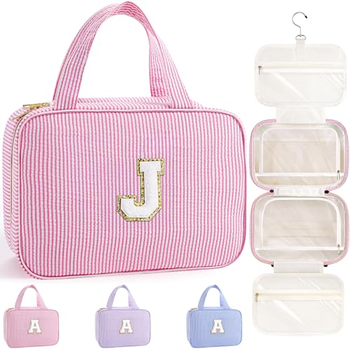 TOPEAST Travel Toiletry Bag Makeup Bag - Hanging Toiletry Bag for Women, Portable Toiletries Travel Bag and Cosmetic Bag, Airplane Travel Essentials Travel Toiletry Bag - Letter J, Pink - color: Pink, style: J