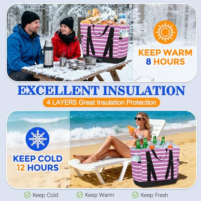 HUANLANG Soft Cooler Bag Insulated for Travel,Large Insulated Grocery Bags with Zippered Top,PEVA Collapsible Food Delivery Cooler Bag for Beach, Travel, Picnics - color: Purple and white stripes