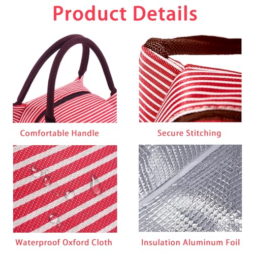 Lunch Bags Reusable Lunch Tote Bags Portable Lunch Cooler Bag Lunch Holder Insulated Lunch Box Bag for Picnic Office Beach (Red) - color: Red