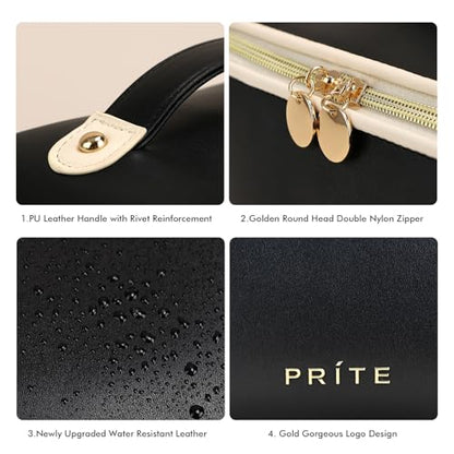 Prite Makeup Bag for Women Travel Waterproof Vegan Leather Cosmetic Bag Open Flat Toiletry Bag With Clear Divider and Handle (Black, Large) - color: Black, size: Large