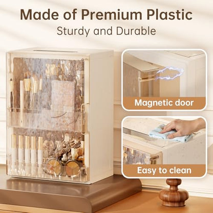 HAIXIN Makeup Organizer with Drawer & Brush Holder, Plastic Cosmetic Display Cases, Large Vanity Organizer Countertop Waterproof for Skincare, Perfume, Bathroom & Dresser (White & Amber) - color: White & Amber