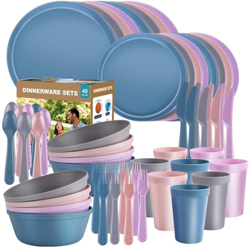 40 Piece Plastic Dinnerware Set for 8 with Cutlery, Unbreakable Plates and Bowls Set, Dishwasher & Microwave Safe Reusable Dish Set for Camping, RV, Outdoor Kitchen, Apartment Dining,Pastel Multicolo - color: Pastel