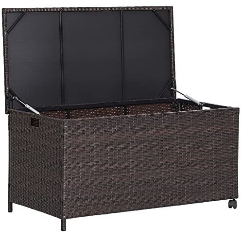 Giantex Outdoor Wicker Storage Box - 50 Gallon PE Rattan Storage Container with Lid, Waterproof Liner, Universal Wheels, Deck Storage for Pillows, Cushions, Gardening Tools, Mix Brown - color: Mix Brown, size: 50 Gallon