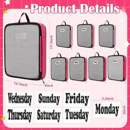 7 Pcs Packing Cubes for Travel Days of Week Compression Packing Cube with Labels Organizers Luggage Storage Bag(Pink,Large) - color: Pink