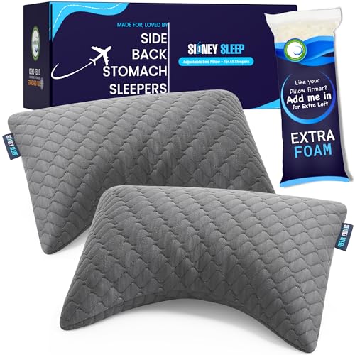 Sidney Sleep Set of 2 Mini Travel Size Neck Pillows - Knee Pillow - Back Lumbar Support - Curved Bed Pillow - 14 x 19 Inches - Adjustable Loft - Carry Backpack Included (Grey 2 Pack Mini) - color: Grey, size: Travel Mini (Pack of 2)