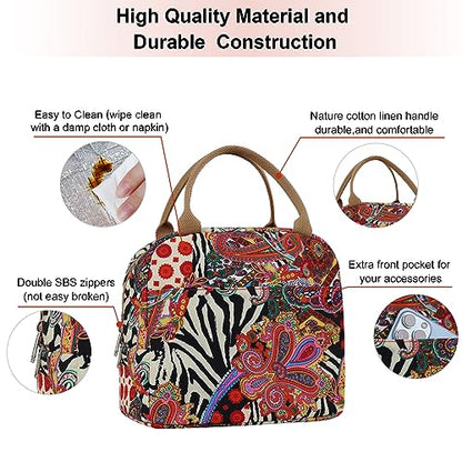 EurCross Aesthetic Lunch Box Bag for Women Daily Use,Boho Stylish Elegant Canvas Insulated Adult Lunch Bento Box Tote Bag - color: Boho-red