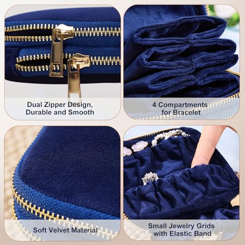Travel Jewelry Case for Women, Double Layer Velvet Jewelry Pouch with Double Zipper, Small Travel Jewelry Organizer for Rings Earrings Bracelets, Mini Jewelry Travel Bag (Blue)