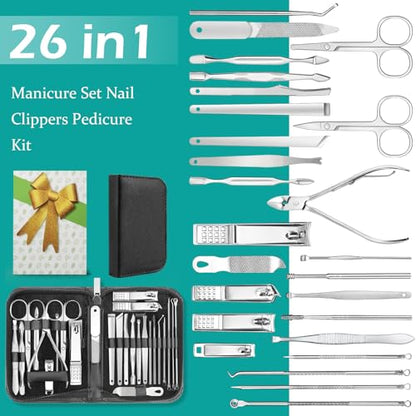26-Piece Professional Manicure and Pedicure Kit, Nail Clippers Set, Stainless Steel Nail Care Tools with Travel Case, Silver White - color: Silver